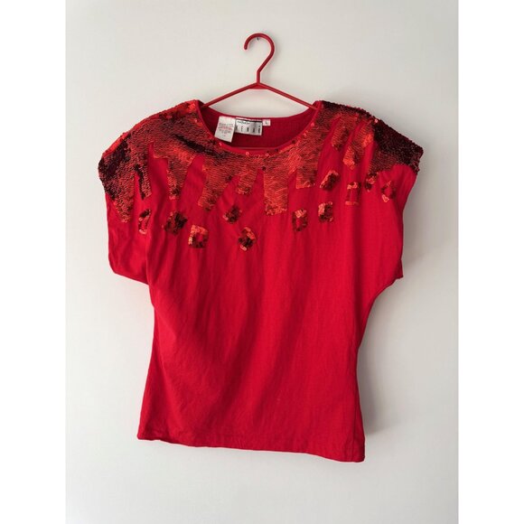 80s vintage red sequin embellished funky cotton short sleeved tee shirt large - Picture 8 of 9
